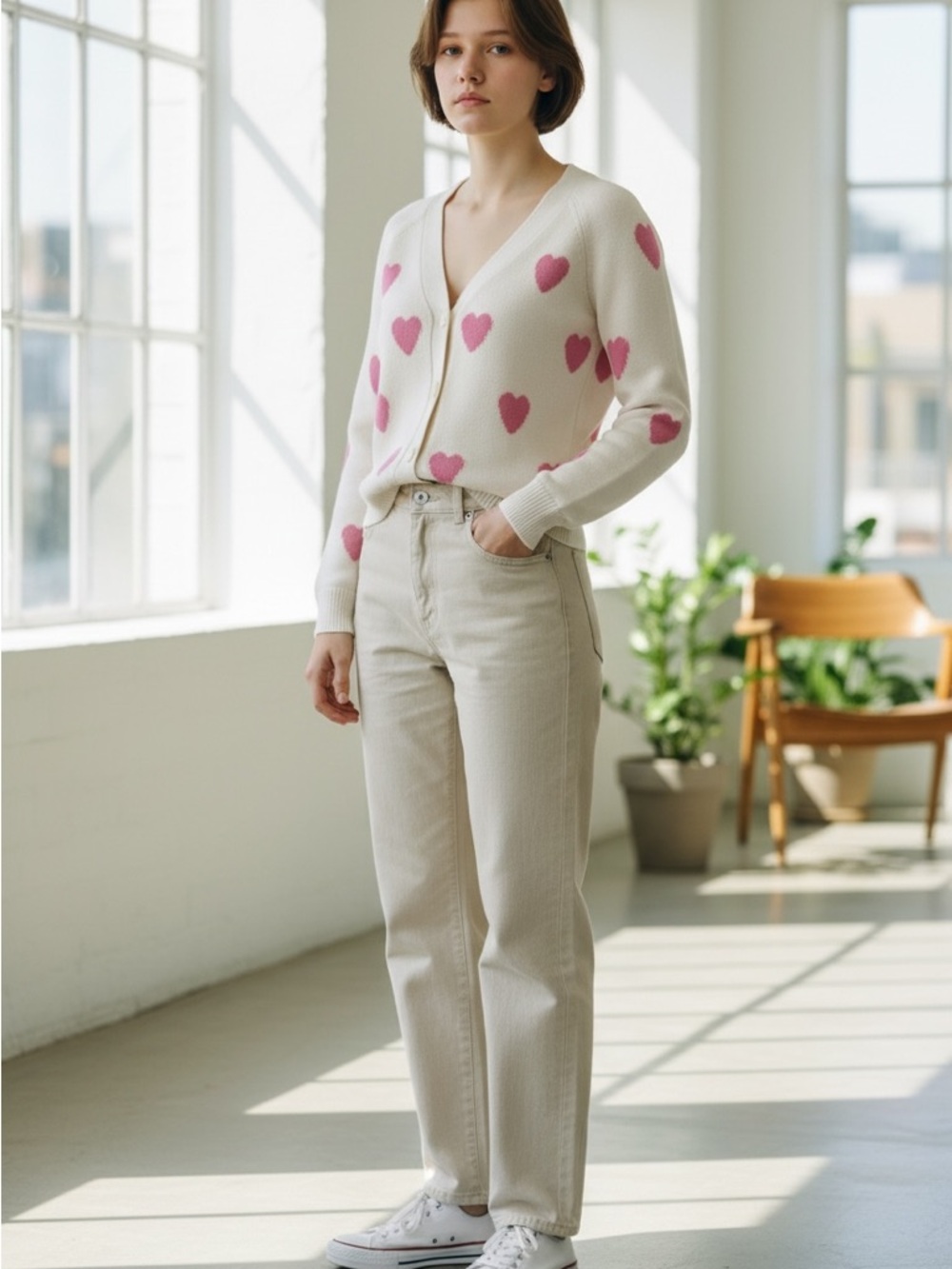 Cato Cream V-Neck Cardigan with Pink Heart Motif